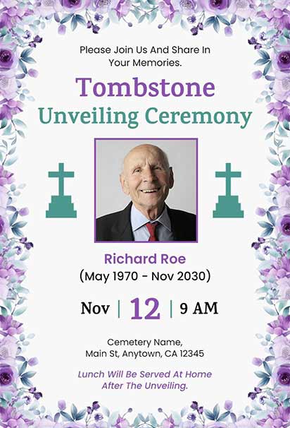 Purple And Teal Watercolor Tombstone Unveiling Invitation With Soft Painted Effects And Elegant Memorial-Themed Details