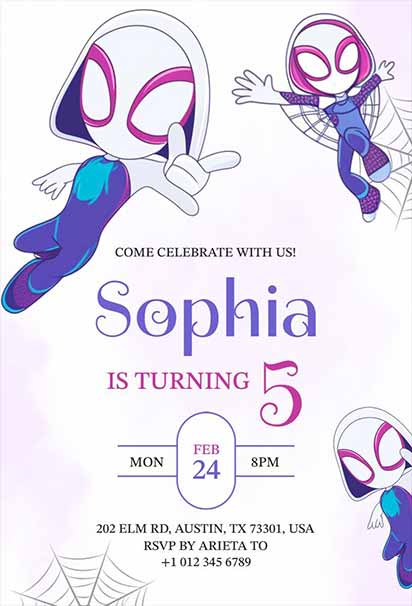 Purple Spider Gwen Birthday Party Invitation With Vibrant Design And Fun Superhero Girl Theme