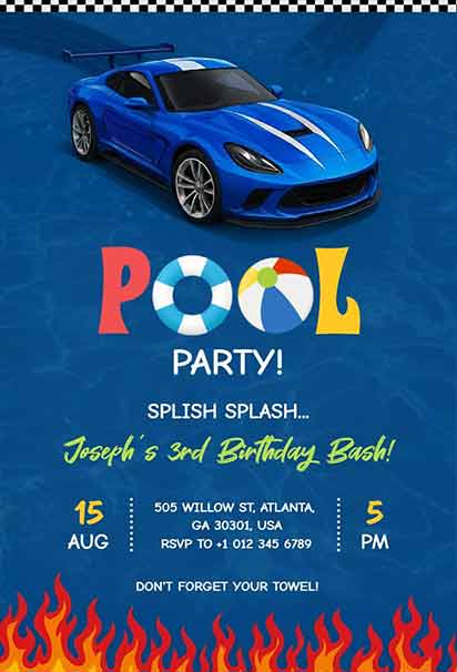 Racing Meets Swimming Pool Hot Wheels Birthday Party Invitation With Fun Summer Vibes And Playful Car Theme
