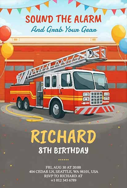 Realistic Fire Station Birthday Celebration Invitation With Detailed Firehouse Elements And Bold Red Rescue Graphics