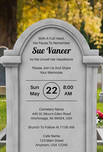 Realistic Stone Headstone Tombstone Unveiling Invitation With Detailed Textured Stone Artwork And Respectful Memorial Elements
