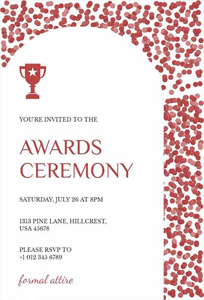 Red Confetti Award Ceremony Invitation With Festive Golden Accents And Celebration Theme