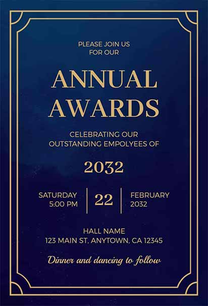 Royal Blue And Gold Annual Award Invitation With Regal Accents And Luxurious Detailing