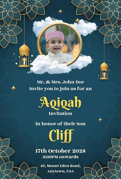 Royal Blue Islamic Aqiqah Ceremony Invitation With Gold Motifs And Elegant Decorative Elements