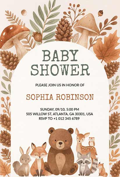 Rustic Woodland Baby Shower Design Featuring Forest Animals And Natural Earthy Elements