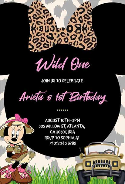 Safari-themed wild first birthday invitation featuring jungle animals, earthy tones, and playful decorative elements.
