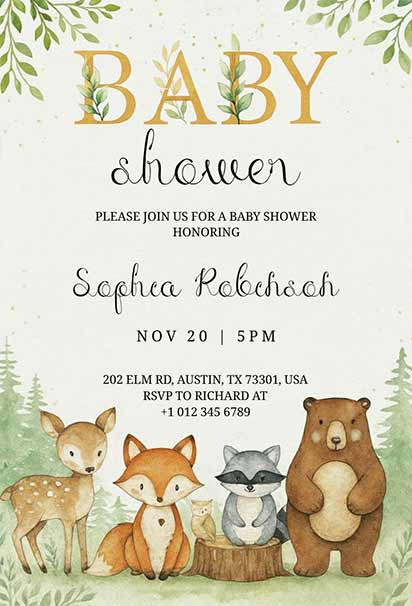 age Green Gold Botanical Woodland Baby Shower Design With Elegant Leaves And Soft Forest Accents