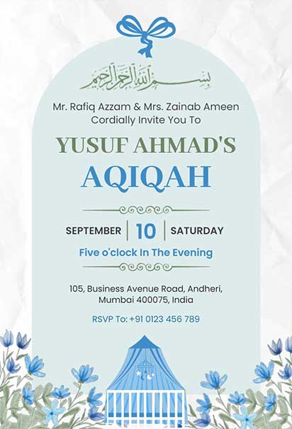 Serene Blue Boy Aqiqah Invitation With Soft Pastel Elements And Gentle Baby-Themed Details