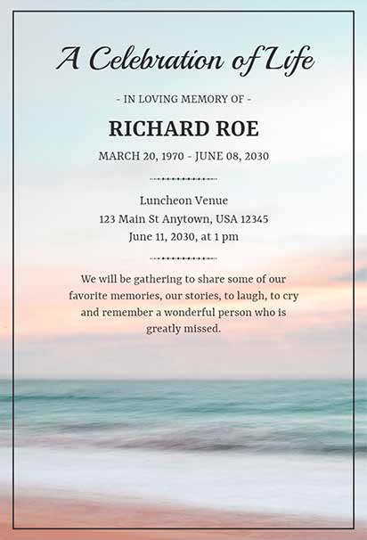 Serene Coastal Memorial Celebration Of Life Design With Calm Ocean Hues And Peaceful Shore Elements