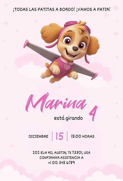 Skye Paw Patrol Spanish Birthday Invitation With Pink Palette And Adorable Character Artwork