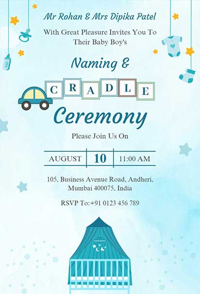 Soft Blue Watercolor Baby Boy Naming Cradle Ceremony Invitation With Gentle Painted Elements And Light Pastel Details