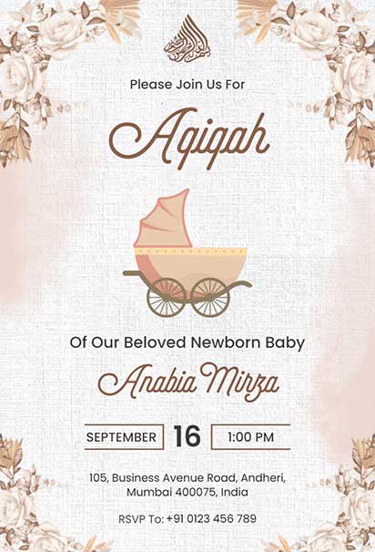 Soft Neutral Aqiqah Ceremony Invitation With Beige Tones And Minimal Floral Details