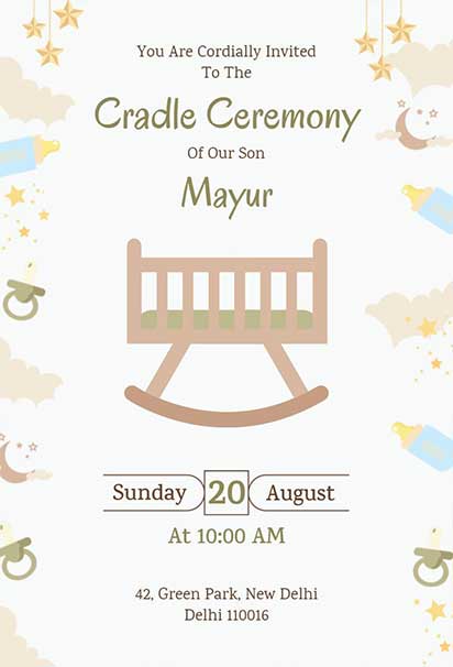 Soft Pastel Baby-Themed Cradle Ceremony Invitation With Gentle Illustrations And Light, Calming Color Palette