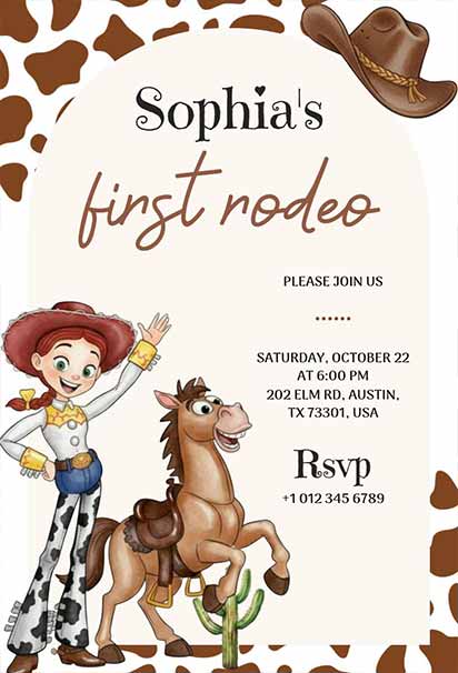 Soft Rodeo-Themed Toy Story First Birthday Invitation With Gentle Western Elements And Adorable Character Accents