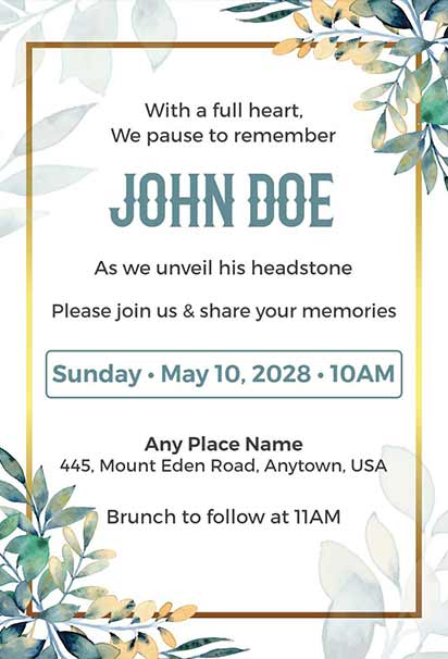 Soft Watercolor Botanical Tombstone Unveiling Invitation With Gentle Floral Illustrations And Calm Memorial Accents