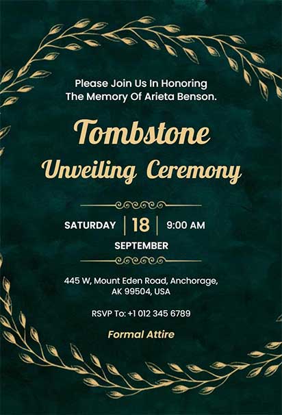 Sophisticated Dark Green Tombstone Unveiling Ceremony Invitation With Elegant Deep Tones And Refined Memorial Accents
