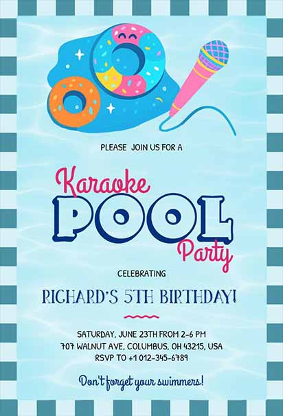 Splash Sing Karaoke Pool Party Invitation With Bright Colors And Fun Summer Vibes