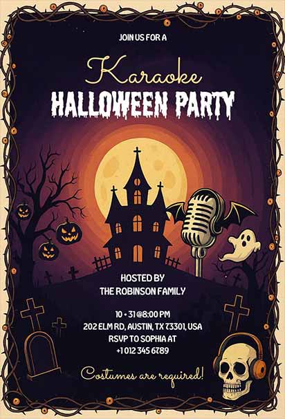Spooky Karaoke Halloween Night Party Invitation With Dark Theme And Eerie Festive Vibes