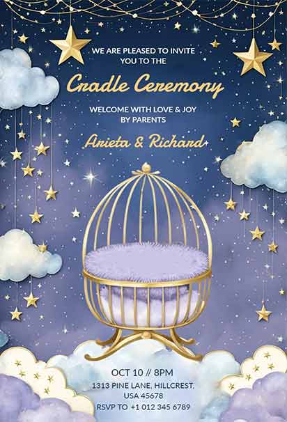 Starry Night Baby Cradle Ceremony Invitation With Deep Blue Sky, Soft Glowing Stars, And Gentle Celestial Elements