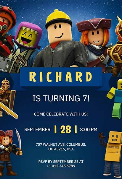 Starry Night Roblox Character Birthday Celebration Invitation With Dark Sky Background And Vibrant Gaming Illustrations