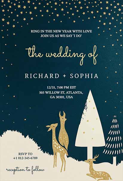Starry Winter Wonderland New Year’s Eve Wedding Invitation With Sparkling Snowflakes And Elegant Blue Hues
