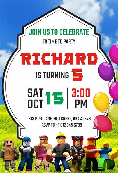 Sunny Outdoor Roblox Birthday Invitation With Bright Scenic Background And Playful Character Illustrations