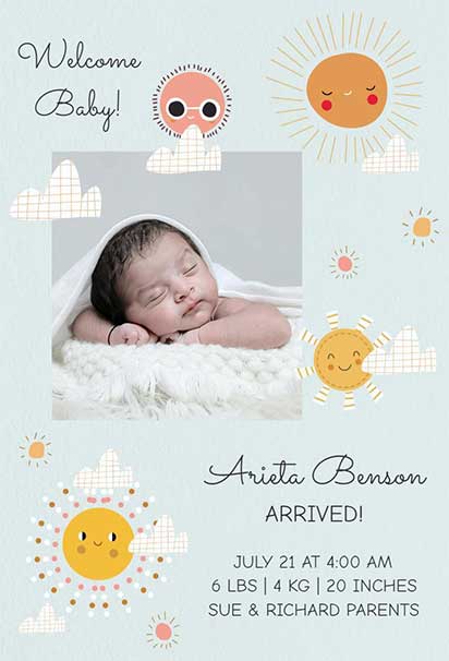 Sunny Playful Birth Announcement With Bright Cheerful Colors And Cute Baby-Themed Illustrations