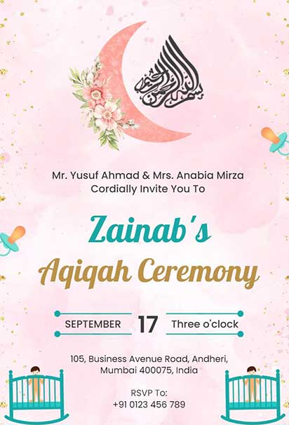 Sweet Pink Aqiqah Ceremony Invitation With Soft Florals And Gentle Pastel Details