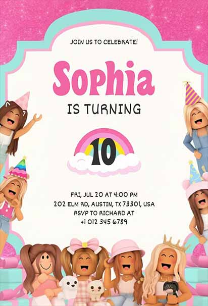 Sweet Pink Roblox Girls Birthday Bash Invitation With Soft Pastel Tones And Cute Character-Themed Graphics