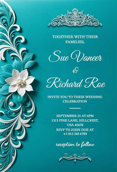 Teal Floral Luxury Wedding Invitation With Elegant Botanical Artwork And Refined Gold Accents