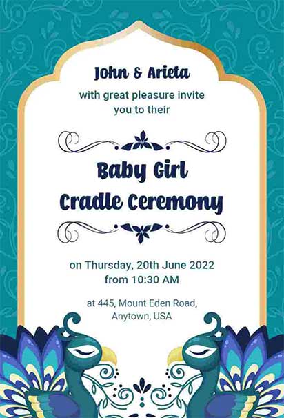 Royal Peacock Cradle Ceremony Invitation With Vibrant Blue And Green Feathers