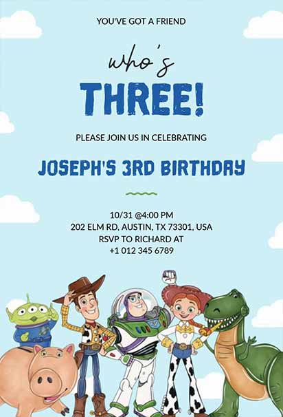 Toy Story-Themed 3rd Birthday Invitation With Colorful Playful Characters And Cheerful Celebration Layout