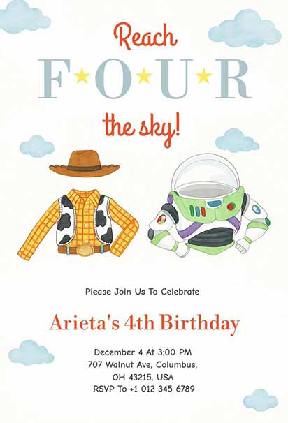 Toy Story Watercolor 4th Birthday Invitation With Soft Artistic Characters And Gentle Hand-Painted Elements