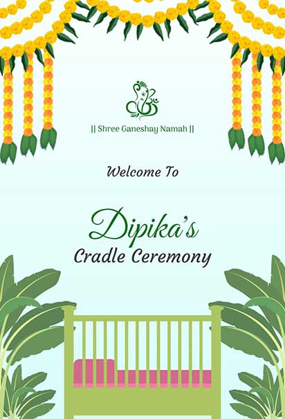 Traditional Marigold Cradle Celebration Invitation With Bright Floral Garlands And Festive Cultural Accents