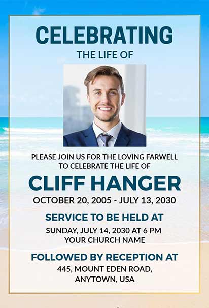 Tropical Beach Serenity Celebration Of Life Design With Calm Ocean Hues And Gentle Palm Accents