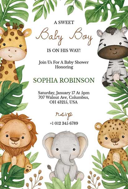 Tropical Green Safari Baby Boy Shower Design With Jungle Leaves And Cute Safari Animals