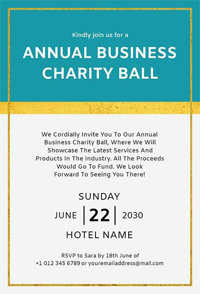 Turquoise And Gold Annual Business Charity Ball Invitation With Elegant Design And Sophisticated Celebration Theme