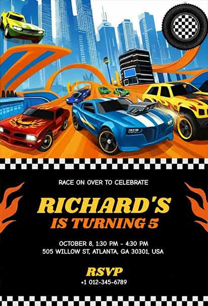 Urban Stunt Track Hot Wheels Birthday Spectacular Invitation With Bold Colors And Action-Filled Racing Theme