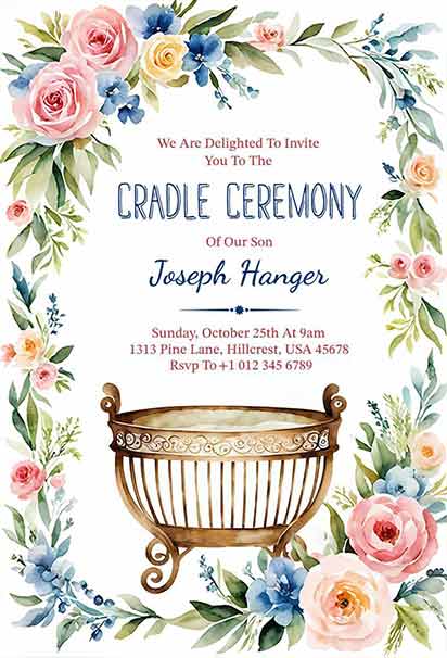 Watercolor Floral Baby Cradle Ceremony Invitation With Soft Pastel Blooms And Gentle Hand-Painted Baby Accents