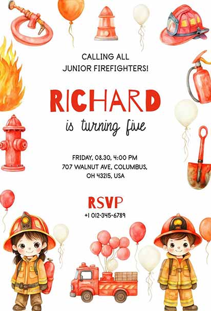 Watercolor Junior Firefighter Birthday Bash Invitation With Soft Painted Fire Truck Artwork And Charming Rescue-Themed Details