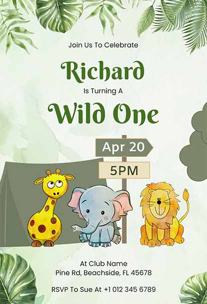 Watercolor wild one birthday invitation with soft hand-painted florals, gentle brush textures, and a warm, whimsical layout celebrating a first birthday.