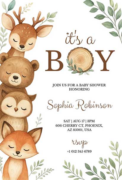 Woodland Forest Baby Shower Design With Cute Animals And Lush Green Foliage