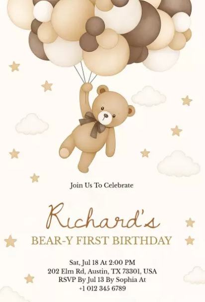 Bear-y First Birthday Floating Teddy Bear birthday invitation template in sky theme