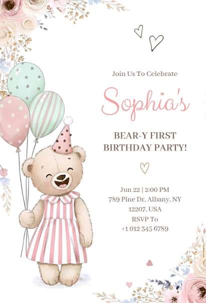 Bear-y First Birthday Floral Teddy Bear birthday invitation template with flowers