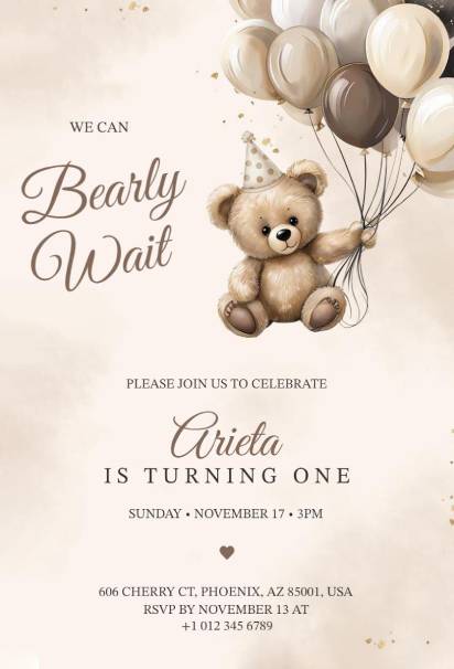 Bearly Wait Neutral Teddy Bear birthday invitation template with beige balloons