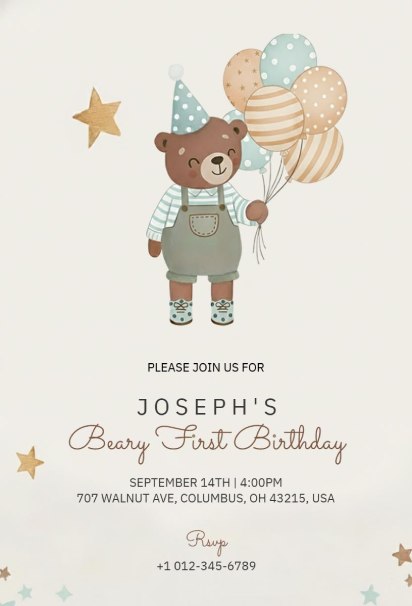 Beary First Birthday Teddy Bear birthday invitation template with colorful balloons