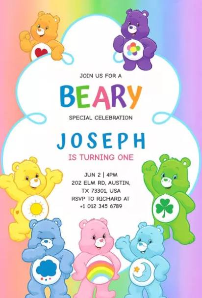 Beary Special Care Bears Teddy Bear birthday invitation template with rainbow colors