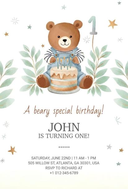 Beary Special Garden Teddy Bear birthday invitation template with bear and cake