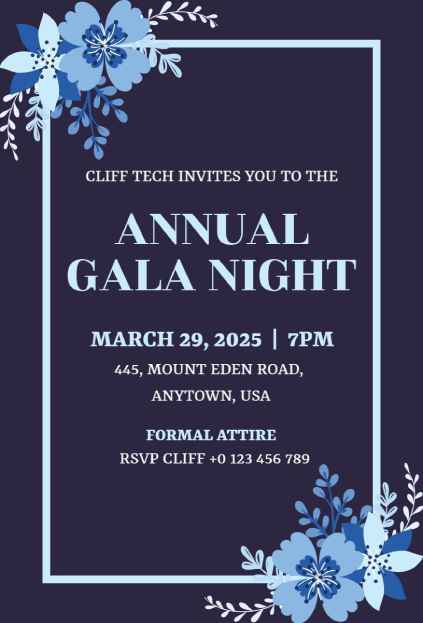 Blue watercolor floral gala night invitation template with navy backdrop