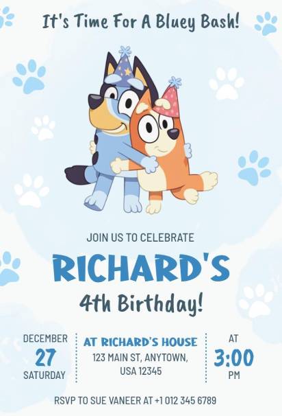 Cheerful Bluey birthday invitation template with Bluey and Bingo hugging